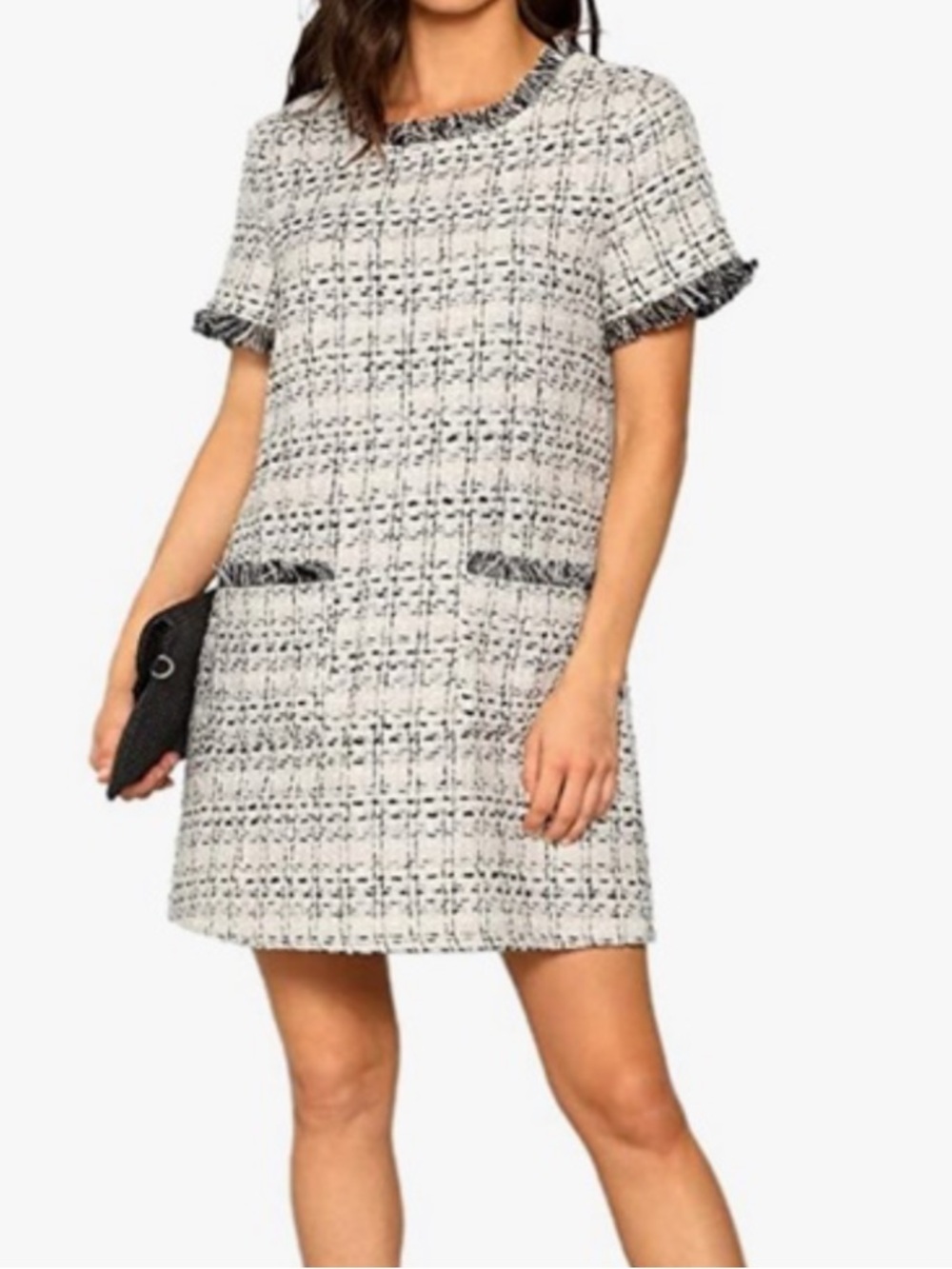 H&M Black & White Tweed Shift Dress with Fringe Trim